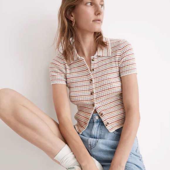 Madewell Tops - Madewell Barbrook Button-Front Sweater Polo in Stripe Bright Ivory Large Crop